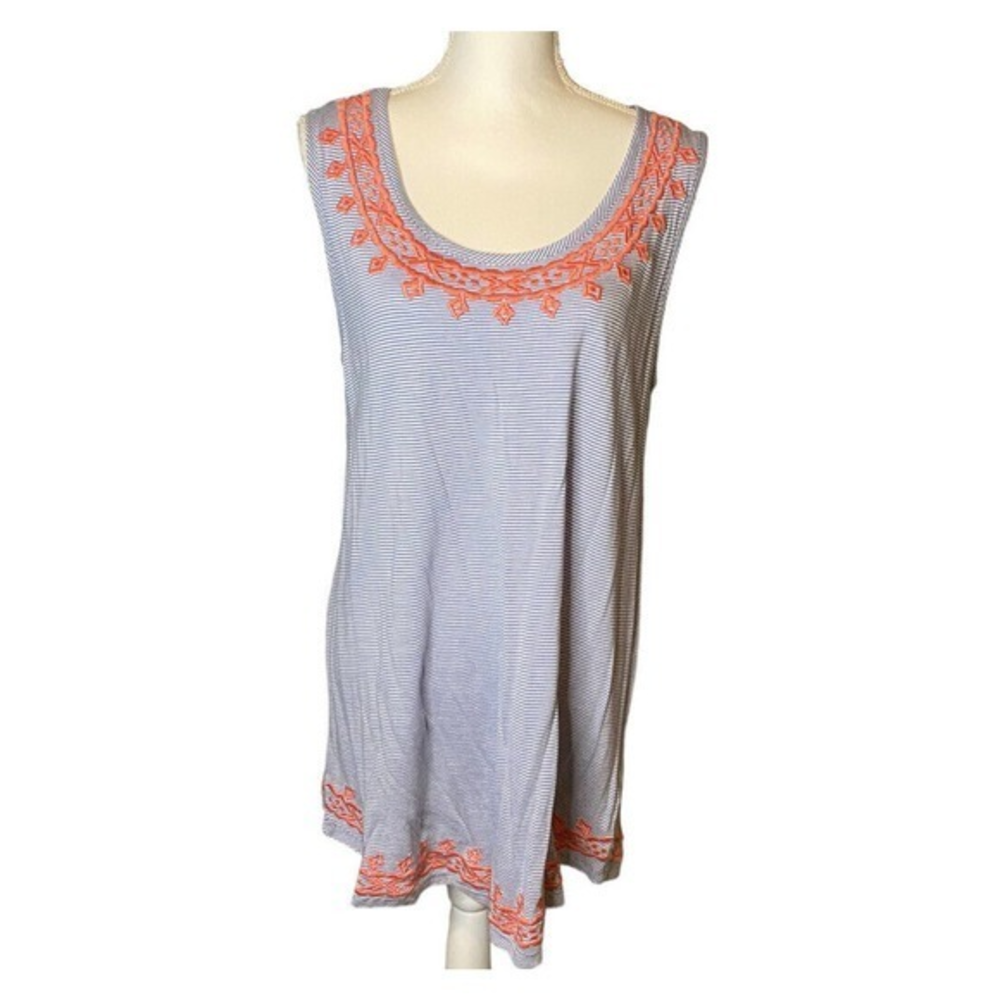 Soft Surroundings Embroidered Tank Tunic‎ Top Stripe Blue Coral Cotton Large